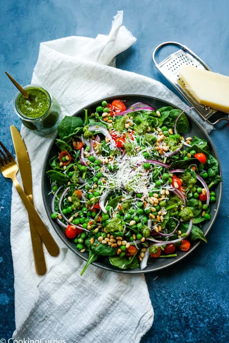Spinach Pea Salad with Fresh Basil Walnut Pesto - Cooking Curries